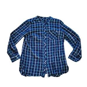 Talbots Top Shirt Womens Medium Blue Green Plaid Polka Dot Flannel Career Office